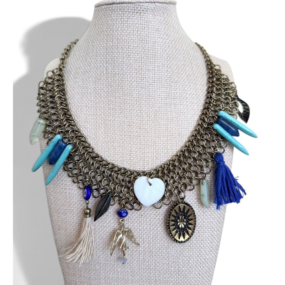Express Boho Chainmail Bib Statement Necklace Charms Tassels Faux Turquoise Des